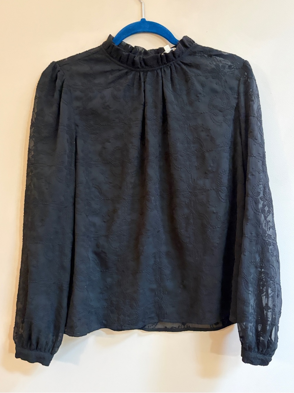 Sezane Valentine Semi Sheer Black Lace Long Sleeve Blouse Shirt Top Whimsigoth